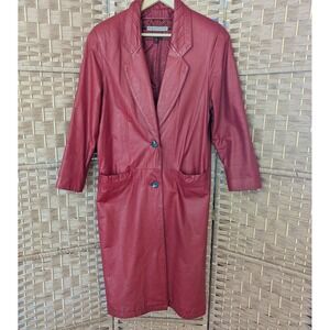 Vtg 90's Red Oxblood Genuine Leather Trench Coat Duster Classic Minimalist Sz S